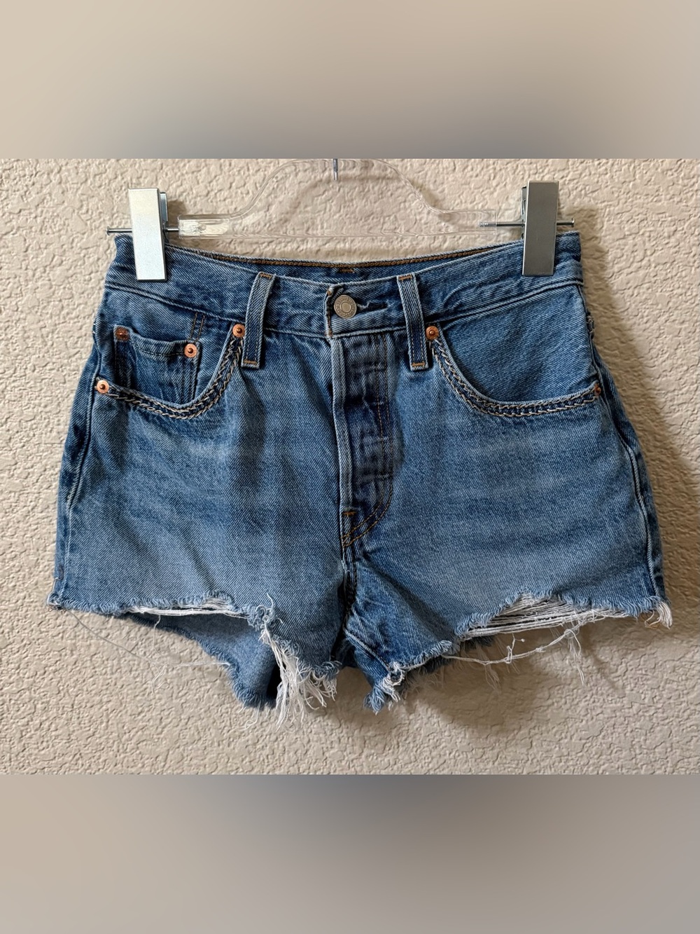 Levis 501 Womens (24) Distressed Blue Cut off Style Fray Denim Shorts 2.5"